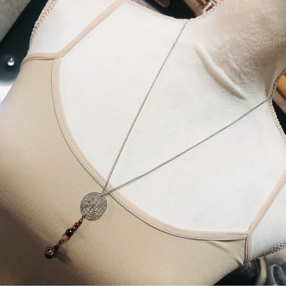 Hand crafted genuine goldstone faux pearl filigree pendant on chain necklace